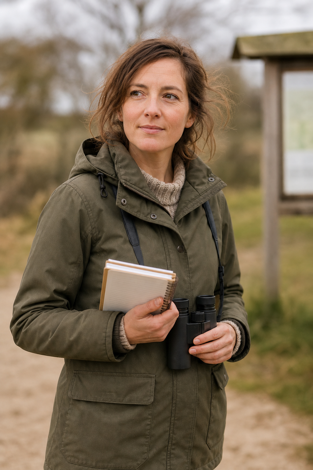Marit van Dalen met notitieboek en verrekijker